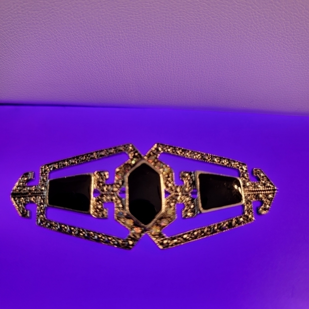 Vintage Retro Marcasite and black enamel Art Deco Style Brooch - Picture 3 of 7